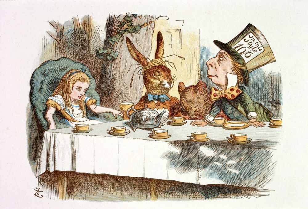 John Tenniel's colour illustration of the Mad Hatter's tea party, with Alice, the March Hare, the Hatter and the Dormouse around a long table