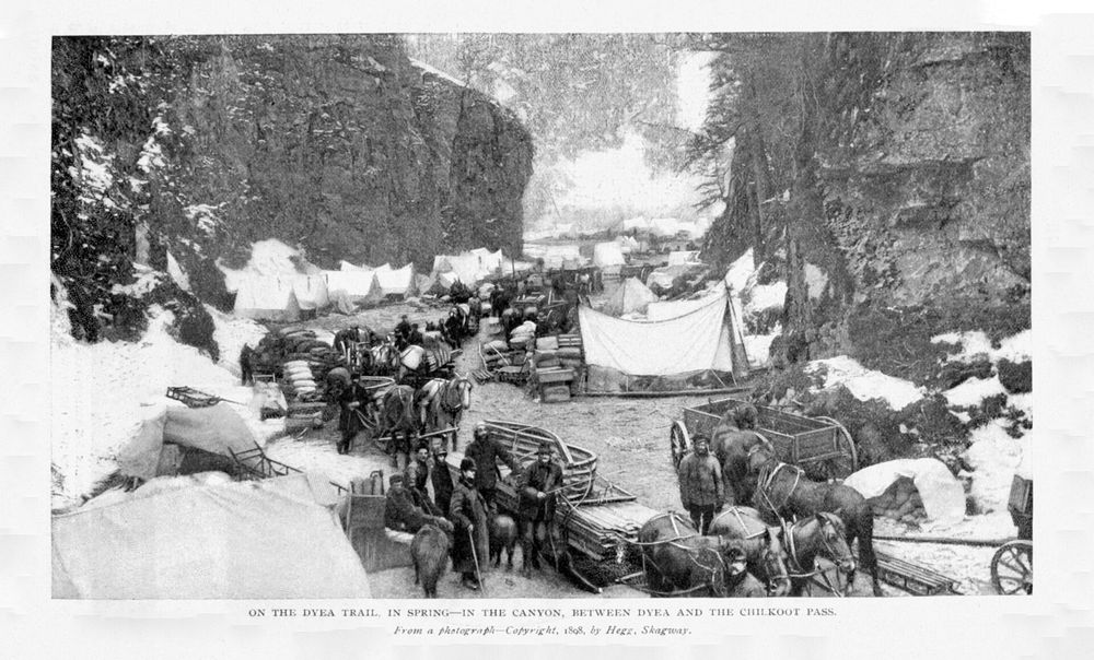 Prospectors climbing the Chilkoot Pass during the Klondike Gold Rush