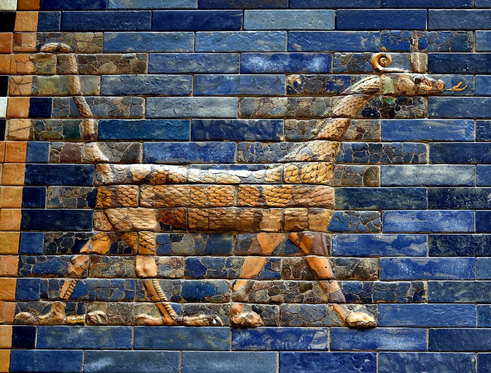 Dragon (mušḫuššu, representing the god Marduk) from the 3rd building phase of the Ishtar Gate of Babylon. The glazed aurochs and dragons (colored, glazed, and molded bricks) of…