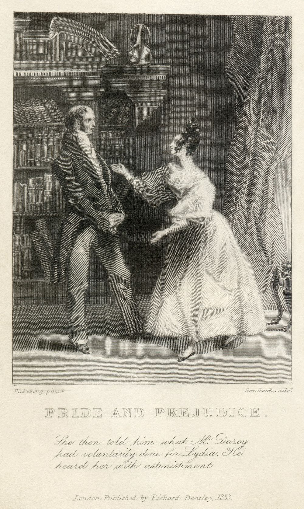 A 19th-century engraving of a scene from Jane Austen's Pride and Prejudice: a man and a woman talking in a library