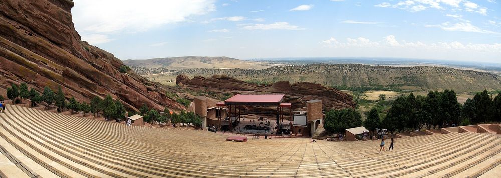 The red sandstone monoliths and seating area of Red Rocks Amphitheatre near Morrison, Colorado