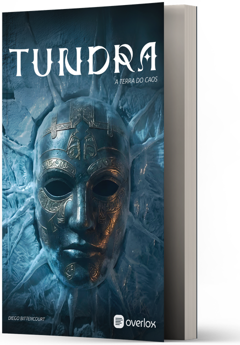 The cover of Tundra: A Terra do Caos by Diego Bittencourt: a metal mask set in cracked blue ice