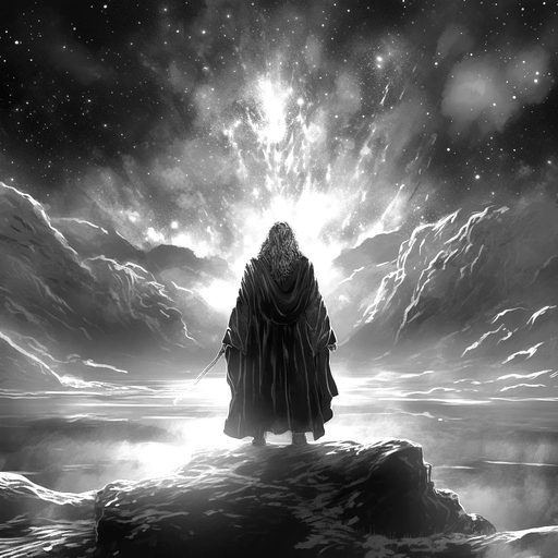 Black-and-white illustration of a cloaked figure standing on a rocky ledge before a burst of light in the sky