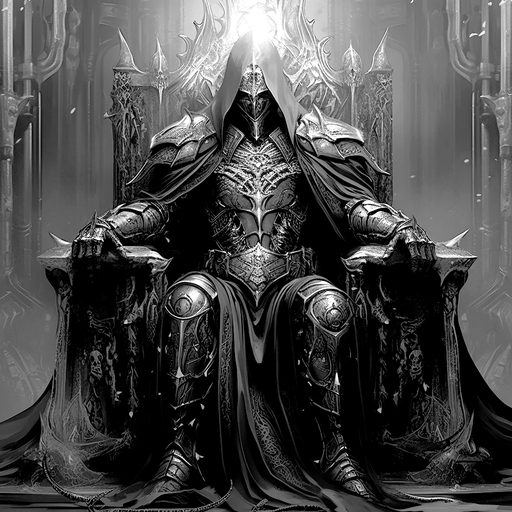 Black-and-white illustration of a masked, armoured figure seated on a tall, ornate throne