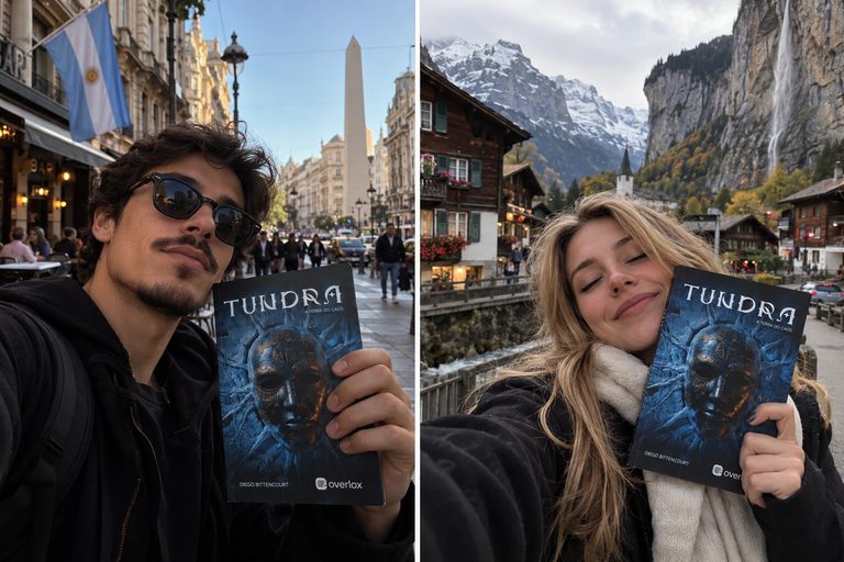 Two promotional images of readers holding a copy of Tundra on city and mountain streets