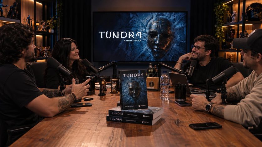 A promotional image of four people around a podcast table with copies of Tundra and the book's cover on a screen